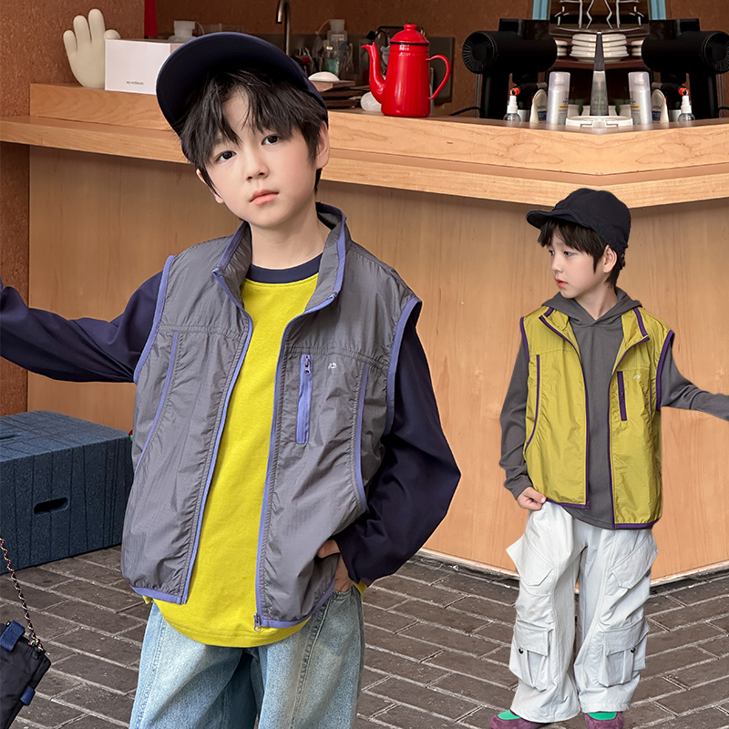 男童拼色防风拉链马甲外套