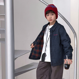 依依妈男童字母刺绣加厚夹棉牛仔外套儿童冬装宝宝宽松复古上衣潮