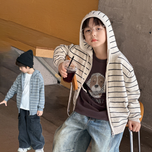 依依妈男童条纹连帽针织开衫外套儿童秋装宝宝宽松休闲潮童毛衣