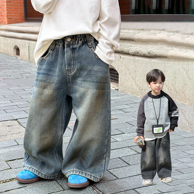 男童一粒扣做旧直筒加绒牛仔裤