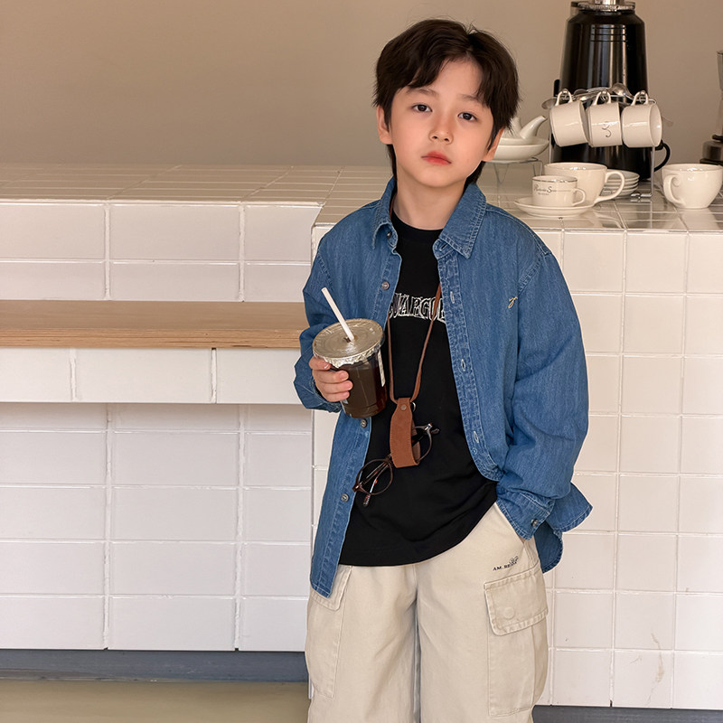 依依妈男童牛仔衬衫儿童春装宝宝复古全棉刺绣砂洗休闲打底上衣潮