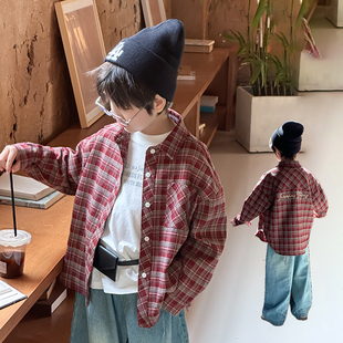 依依妈男童翻领长袖格子衬衫儿童秋装宝宝宽松休闲打底上衣外套潮