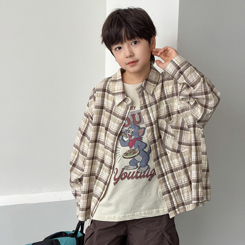 依依妈男童长袖格子衬衫儿童春装宝宝宽松休闲字母复古翻领上衣潮