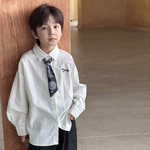 男童天丝小狗刺绣翻领长袖衬衫