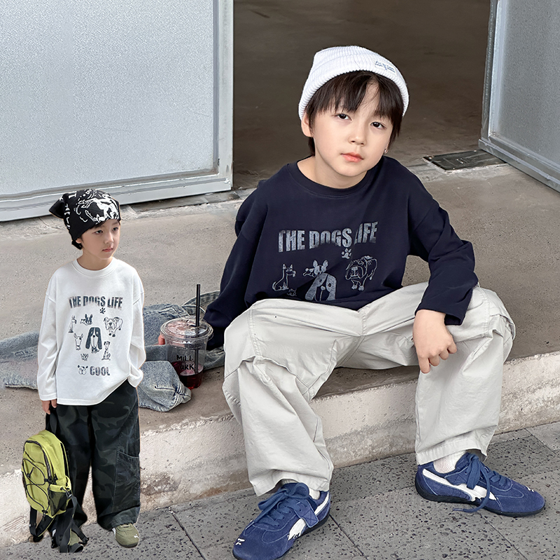 依依妈男童字母动物印花长袖t恤儿童秋装宝宝宽松圆领休闲打底衫