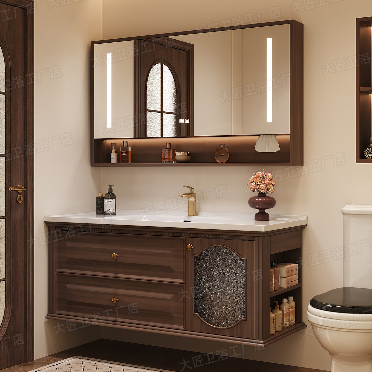 法式复古实木浴室柜组合卫生间中古风一体陶瓷盆洗脸洗漱台卫浴柜