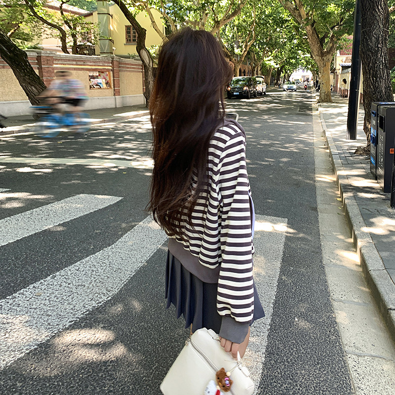 韩版时尚撞色条纹连帽卫衣女2025春秋季新款宽松显瘦休闲减龄上衣,女装短外套,2C311