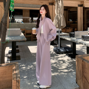 粉紫色时髦休闲运动风卫衣阔腿裤套装两件套女秋季新款韩系学院风图片