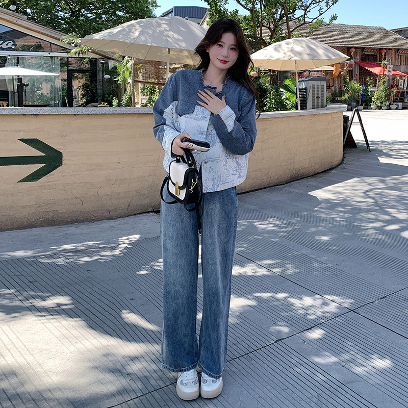 新中式提花国风牛仔套装女春秋季新款气质小个子夹克长裤子两件套,女装套装/套裙,2C311