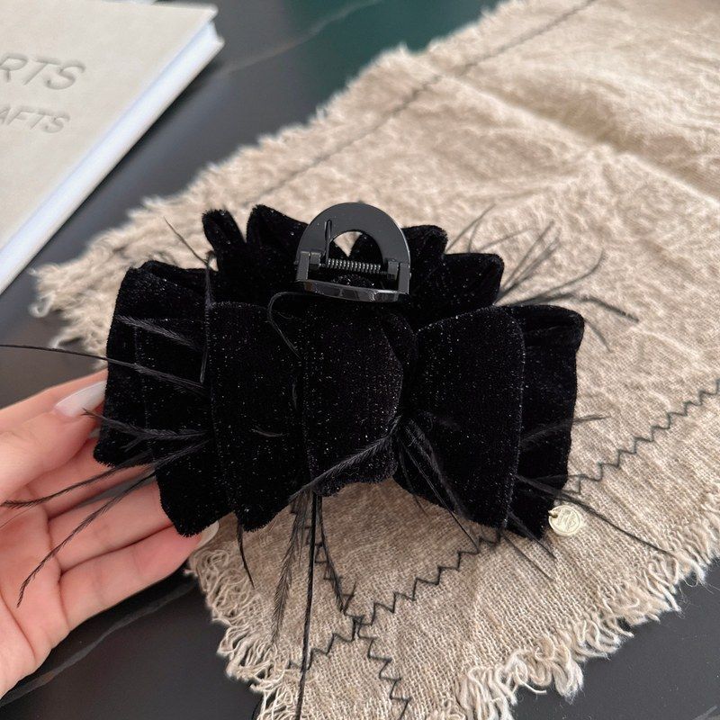秋冬黑色丝绒蝴蝶结大号抓夹高级