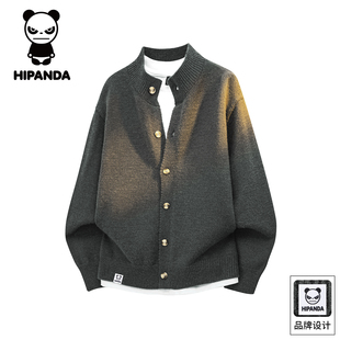 HiPanda你好熊猫秋冬季假两件开衫毛衣男士新款宽松针织外套男GH