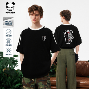 T恤男2025夏新款 宽松纯棉短袖 潮酷美式 Hipanda你好熊猫痞帅个性