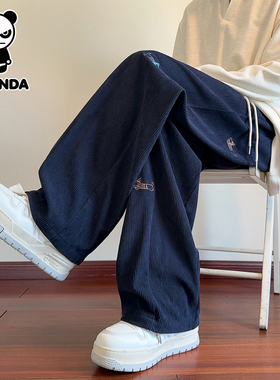 Hipanda你好熊猫秋冬季灯芯绒休闲裤男士新款宽松直筒运动男裤GH