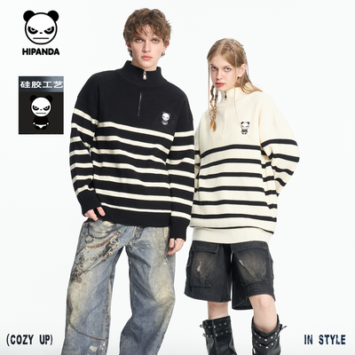 Hipanda你好熊猫潮牌时尚撞色拼接半拉链情侣毛衣2025秋冬款上衣