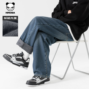 Hipanda你好熊猫加绒直筒牛仔裤男水洗宽款休闲长裤2025冬季新款