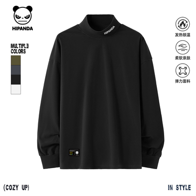 Hipanda你好熊猫简约日常潮加绒半高领打底长袖T恤男2025秋冬新款