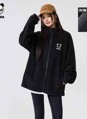 Hipanda你好熊猫430g复合摇粒绒重磅立领外套2025冬新款加厚夹克