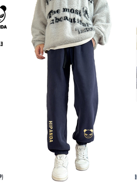 Hipanda你好熊猫复古保暖羊羔绒潮牌束脚裤男2025冬季新款休闲裤C