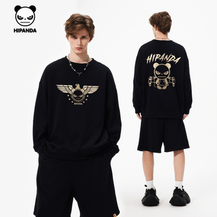 Hipanda你好熊猫黑金高级感圆领加绒卫衣潮牌情侣上衣2025冬重磅