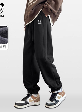 Hipanda你好熊猫重磅宽松运动裤束脚裤2025冬加绒潮牌针织卫裤男