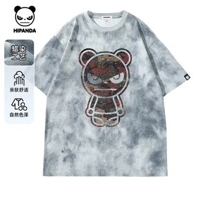 圆领宽松T恤C 男2025夏新款 Hipanda你好熊猫美式 蜡染复古做旧短袖