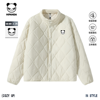 Hipanda你好熊猫纯色菱形格立领棉服男女同款2025冬新款保暖棉衣