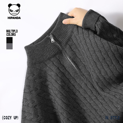 Hipanda你好熊猫半拉链立领针织衫男2025冬季新款绞花慵懒风毛衣