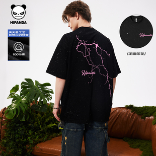 新款 Hipanda你好熊猫潮牌炫酷满天星闪电纯棉短袖 T恤男2025夏季