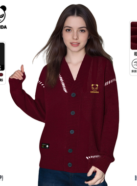 Hipanda你好熊猫复古V领针织开衫情侣毛衣酒红外套2025冬季新款C