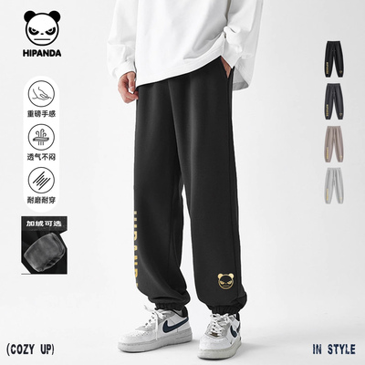 Hipanda你好熊猫重磅设计感美式加绒束脚裤男2025冬季新款休闲裤