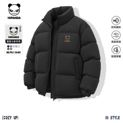 Hipanda你好熊猫温变logo潮牌简约保暖立领棉服男2025冬新款棉袄C