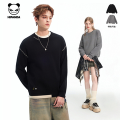 Hipanda你好熊猫2025冬季新款潮牌拼色针织衫情侣毛衣明线撞色