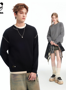 Hipanda你好熊猫2025冬季新款潮牌拼色针织衫情侣毛衣明线撞色