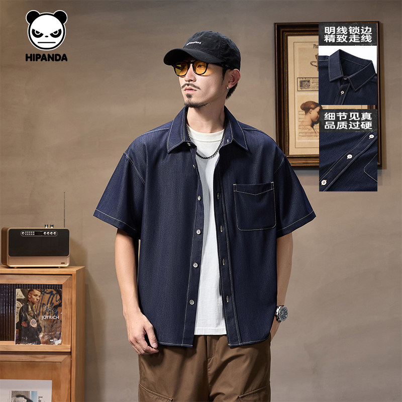 Hipanda你好熊猫美式牛仔衬衫男短袖宽松休闲衬衣外套2025夏季款