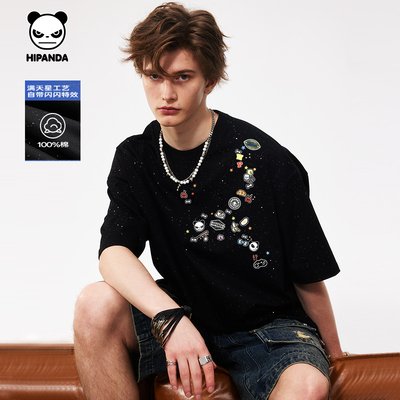 Hipanda你好熊猫纯棉满天星高街闪钻情侣短袖T恤2026夏新款体恤C