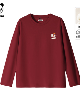 Hipanda你好熊猫红色本命年马年复古圆领长袖T恤2026新款体恤衫C