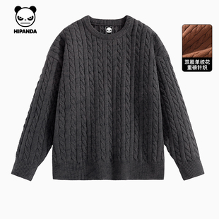Hipanda你好熊猫重磅针织双股单绞花圆领毛衣2025冬款纯色打底衫C