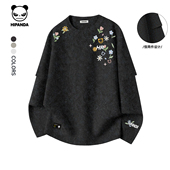 Hipanda你好熊猫假两件复古潮流假两件长袖 T恤男2026春新款 体恤C