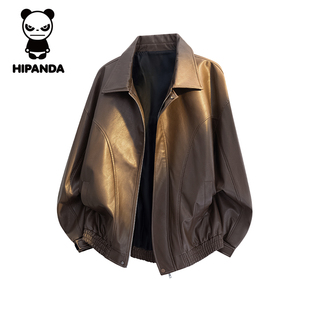 Hipanda你好熊猫秋冬季美式复古机车皮衣外套男士巴恩风夹克男GH