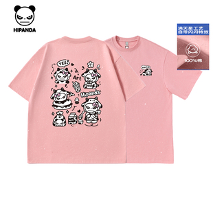 Hipanda你好熊猫潮牌满天星260g纯棉宽松短袖 T恤情侣2025夏新款