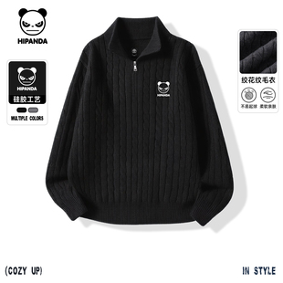 Hipanda你好熊猫美式潮牌半拉链绞花毛衣情侣2025冬季新款针织衫C