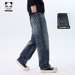 Hipanda你好熊猫美式高街直筒渐变牛仔裤男宽松褶皱2025秋冬新款