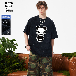 体恤C 新款 Hipanda你好熊猫炒色烫钻痞帅像素风宽松短袖 男2025夏季