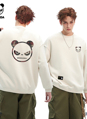 Hipanda你好熊猫加绒重磅潮牌个性圆领卫衣男2025冬季新款套头衫