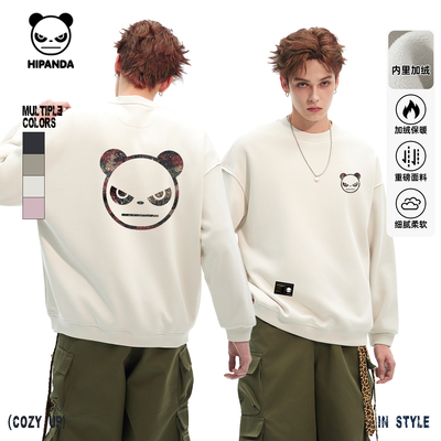 Hipanda你好熊猫加绒重磅潮牌个性圆领卫衣男2025冬季新款套头衫