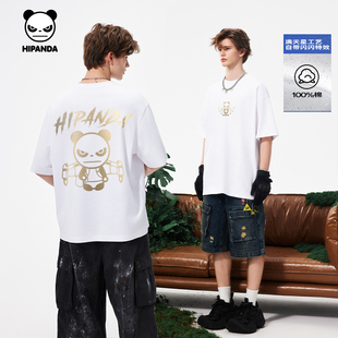 Hipanda你好熊猫满天星烫金个性美式纯棉短袖体恤2026夏季新款T恤