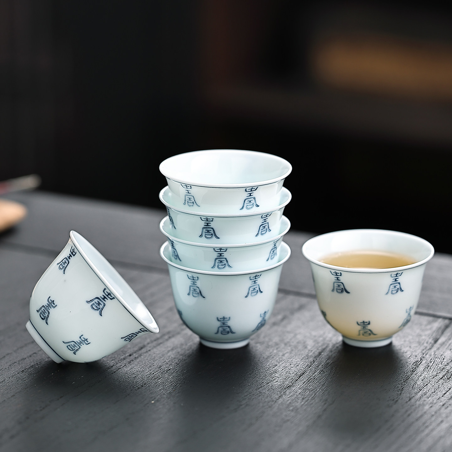 6个装青花瓷茶杯潮州功夫茶具薄胎品茗杯子家用泡茶百寿纹杯水杯
