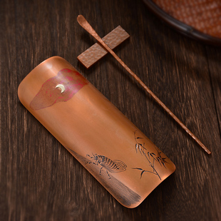 手工錾刻紫铜日式茶则三件套赏茶荷茶拨茶具茶道零配件茶勺茶铲