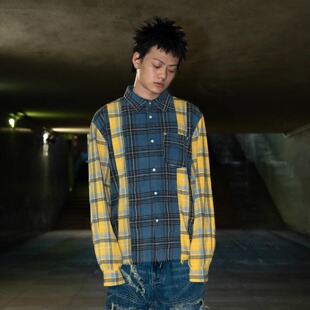 Phantomhunter芬特亨克 秋冬复古水洗插袋下摆破坏长袖格子衬衫