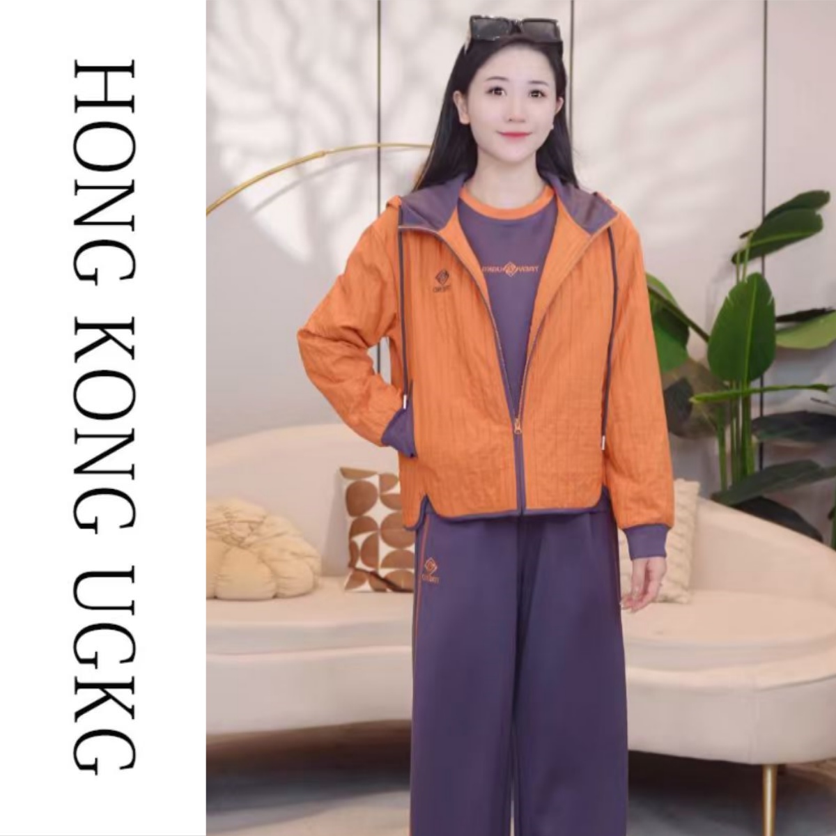 UGKG 中老年妈妈2025春秋新款休闲运动套装女宽松连帽外套三件套